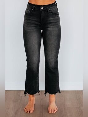 High-Rise Black Cropped Flare Jeans with Frayed Hem
